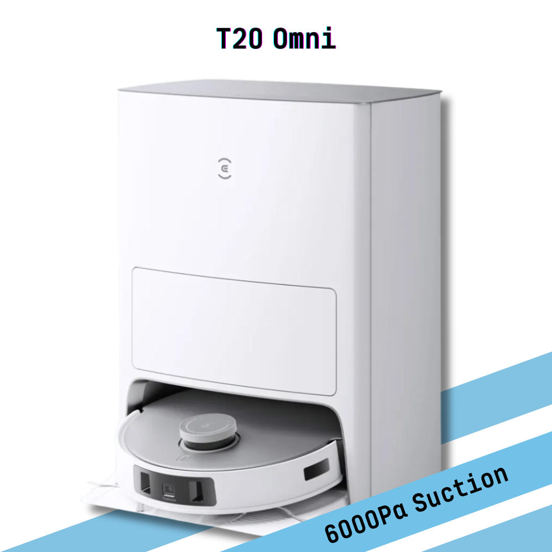 Robotic vacuum cleaner with 'T20 Omni' and '6000Pa Suction' text on a white background