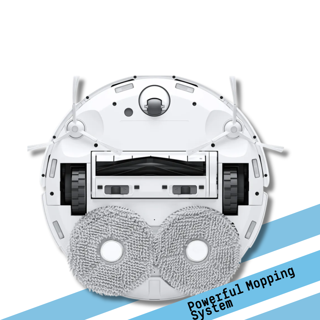 Top-down view of a robot vacuum cleaner with text 'Powerful Mopping System' on a white background.