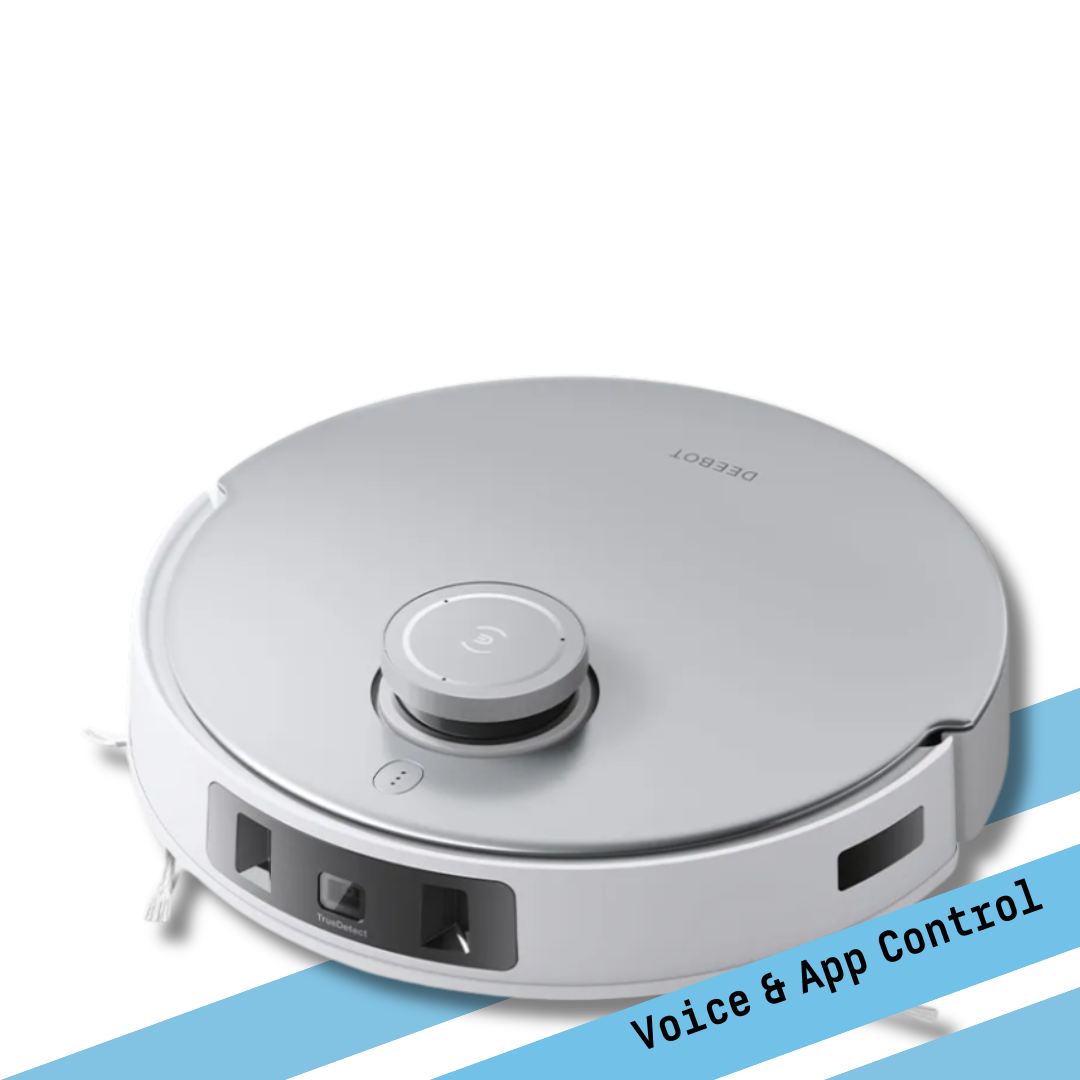 Robotic vacuum cleaner with 'Deebot' branding on a white background