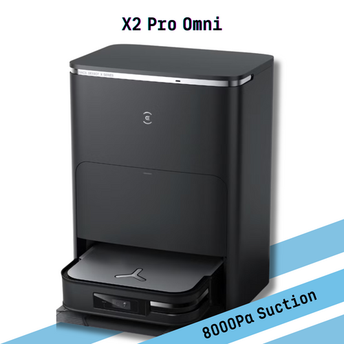 Black robot vacuum cleaner with 'X2 Pro Omni' and '8000Pa Suction' text on a white background