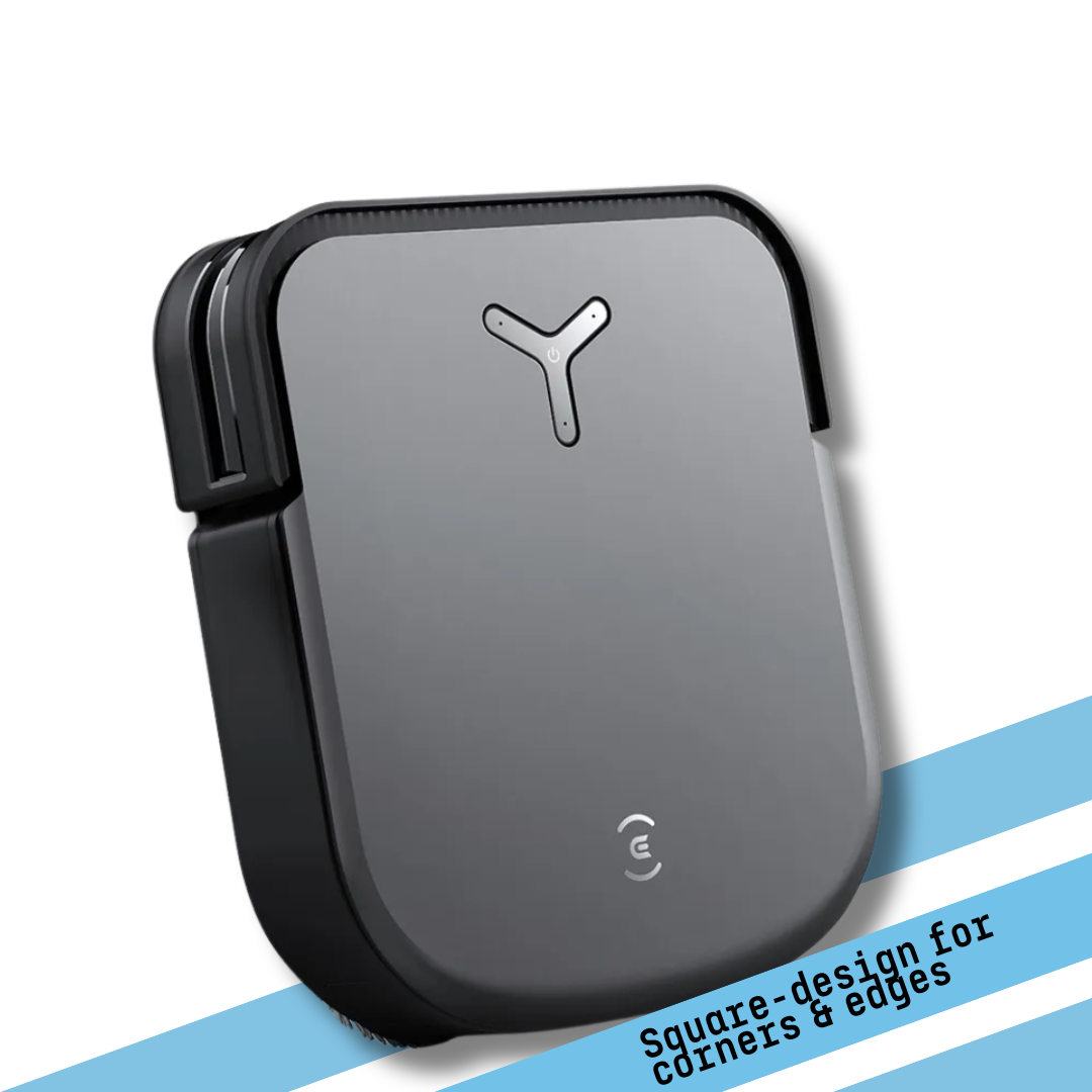 Black corner protector with Y-shaped  power button design on a white background